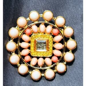 Vintage 1950s Pastel Cabochon Rhinestone Brooch Gold Tone Filigree Floral Pin